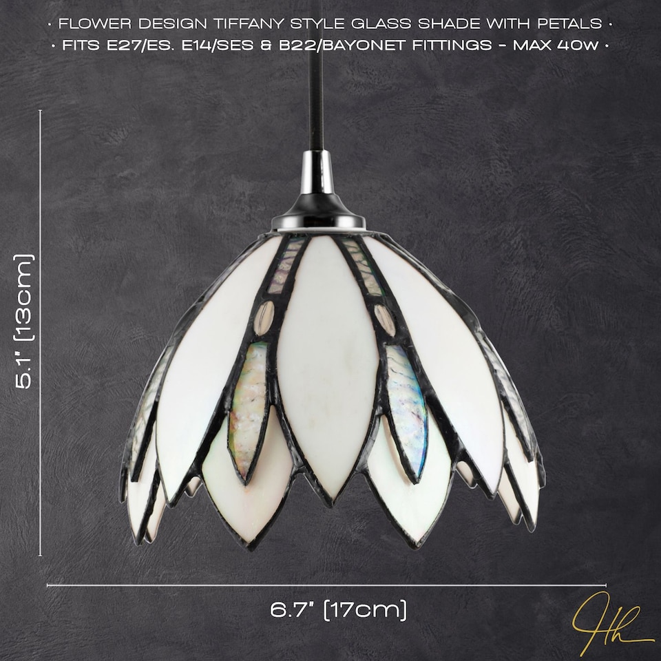 image 1 of Floral Petal Themed White Stained Glass Tiffany Pendant Lamp Shade with Beads | White | White | 1