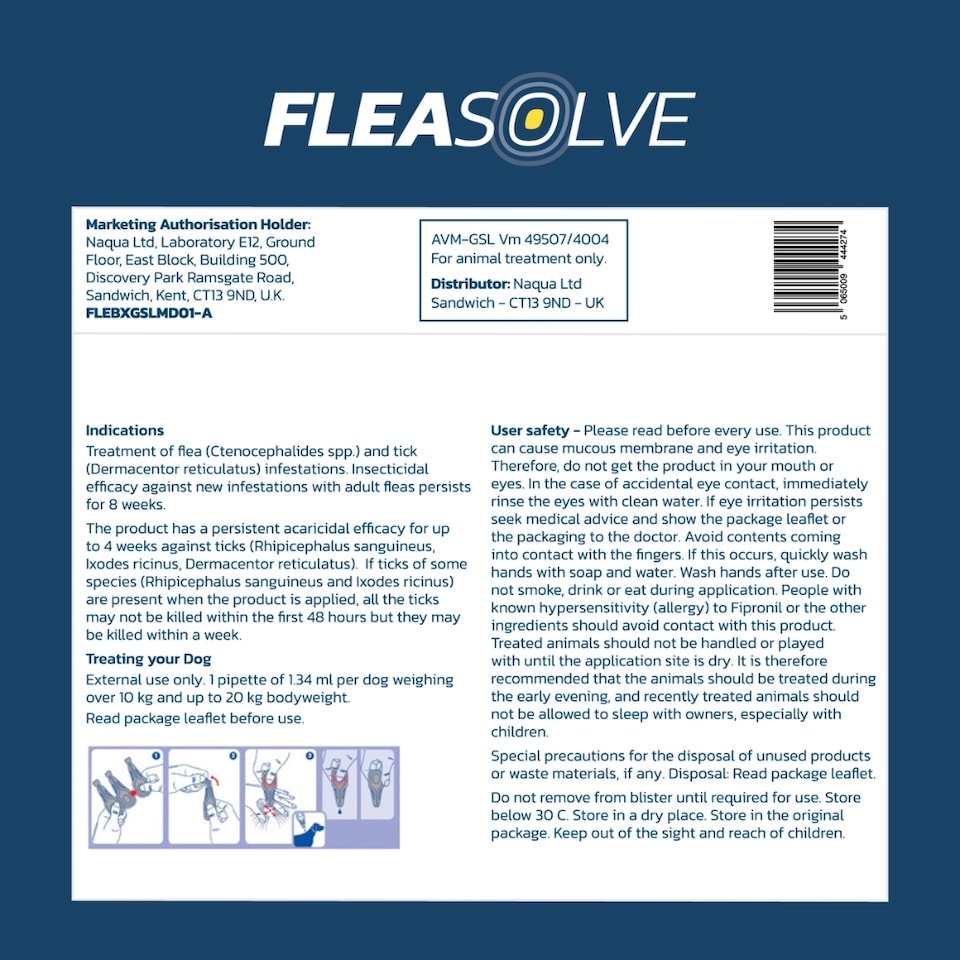 image 1 of Dog Flea Treatment Medium Dog x 2 - Flea Treatment for Dogs Medium 10-20 kg - Spot-On Solution for Flea and Tick Control - FleaSolve 2 x Pipettes
