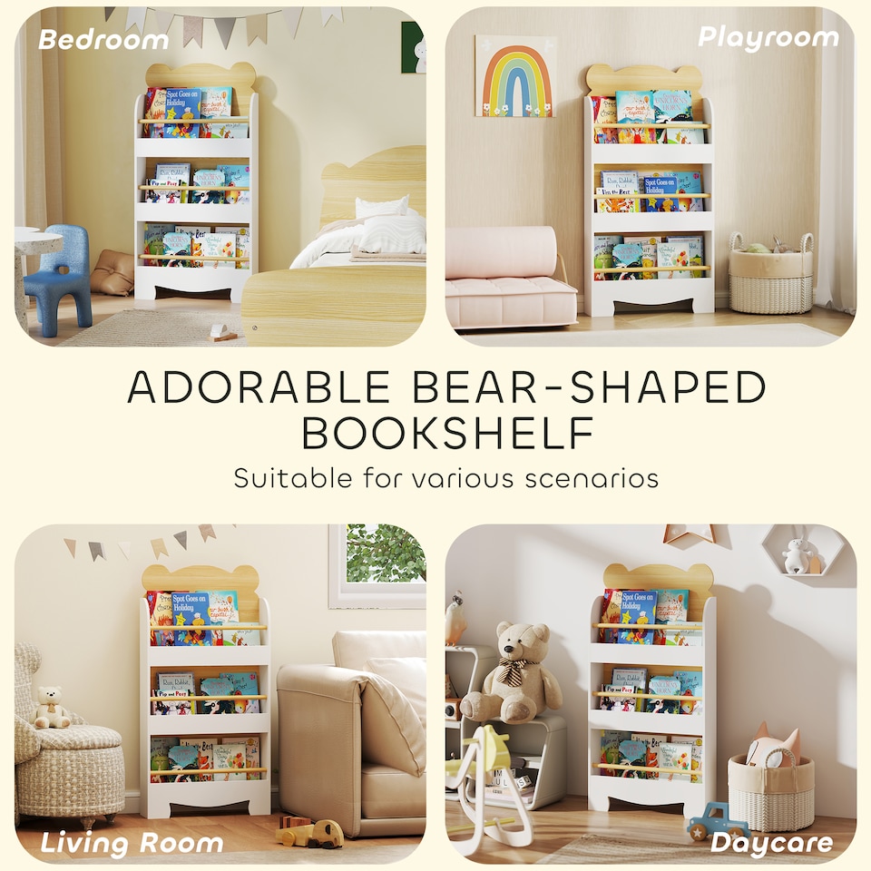 image 1 of AIYAPLAY Kids Bookshelf, 3 Tier Children Bookcase, Bear Theme Toddler Space-Saving Bookcase for Living Room, Kids Room, Playroom, White