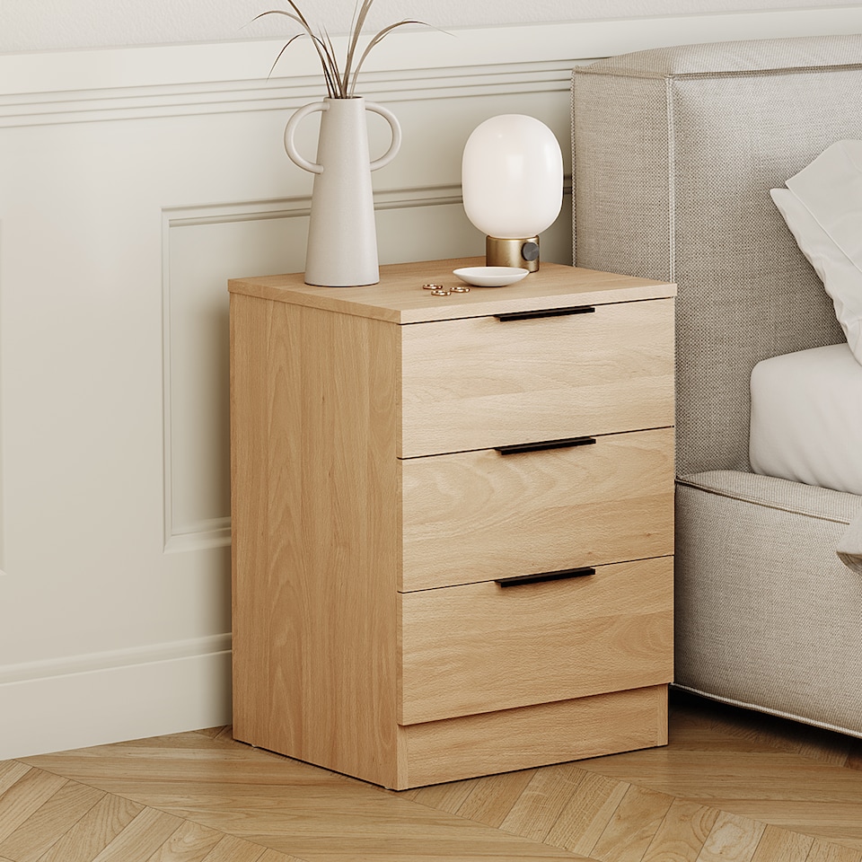image 1 of Vida Designs Trega 3 Drawer Bedside Chest Bedroom Storage Unit, (H) 50cm x (W) 39cm x (D) 28cm, Pine