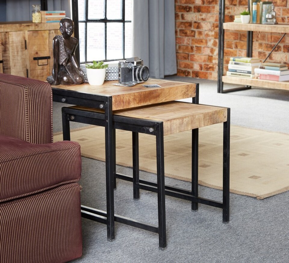 image 1 of Cosmo Industrial Nest of 2 Tables - Solid Mango Wood - L48.5 x W48.5 x H51 cm