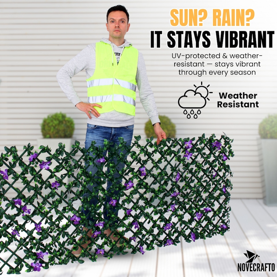 image 1 of Expanding Trellis With Artificial Leaves and Flowers - Ficus Leaf Garden Hedge Balcony Privacy Screening Panel | Green | Green & Purple | M | 1