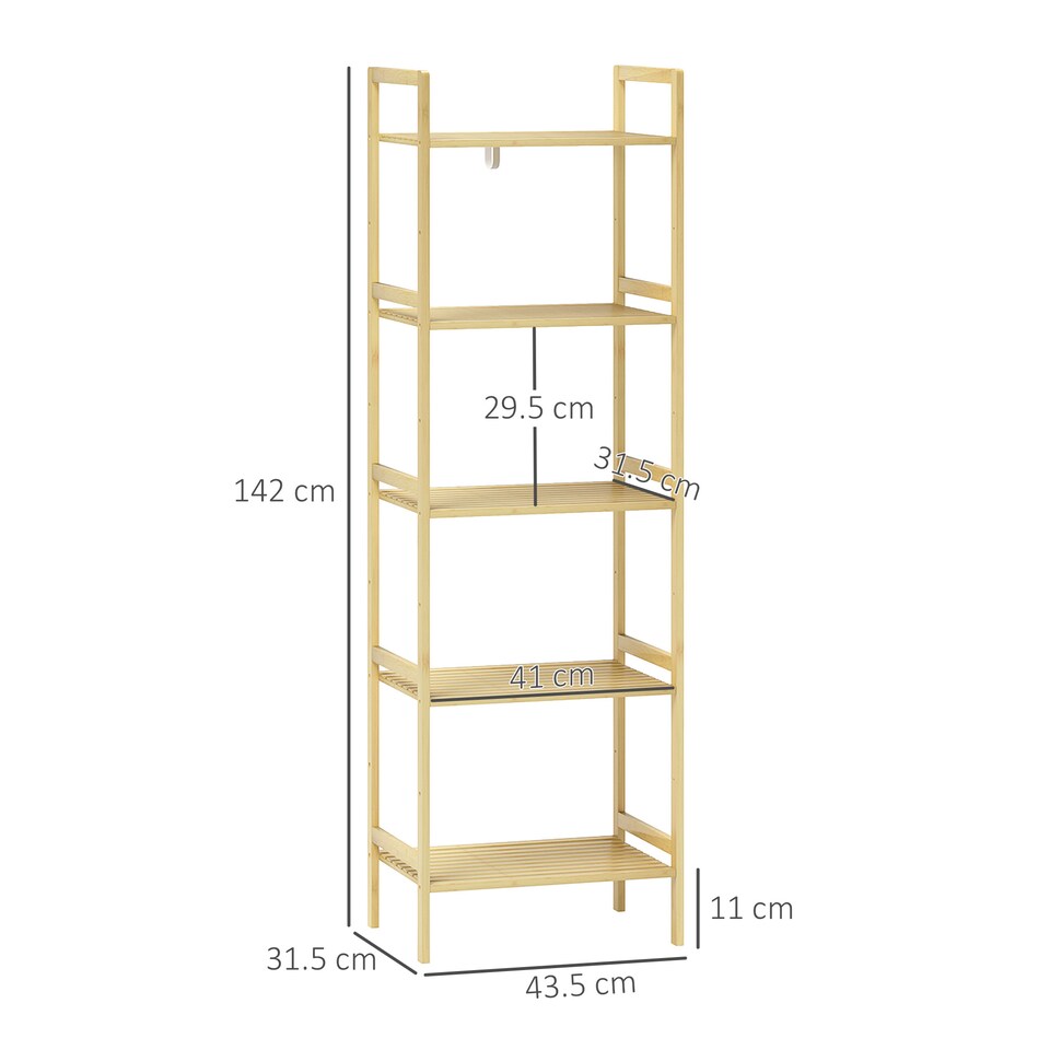 image 1 of HOMCOM 5-Tier Bamboo Bathroom Storage Shelf, Freestanding Shelving Unit with Adjustable Rack for Kitchen Bathroom Living Room, Natural Wood Finish