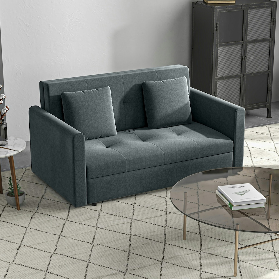 image 1 of HOMCOM 2 Seater Sofa Bed Convertible Bed Settee w/ 2 Cushions Storage Dark Grey
