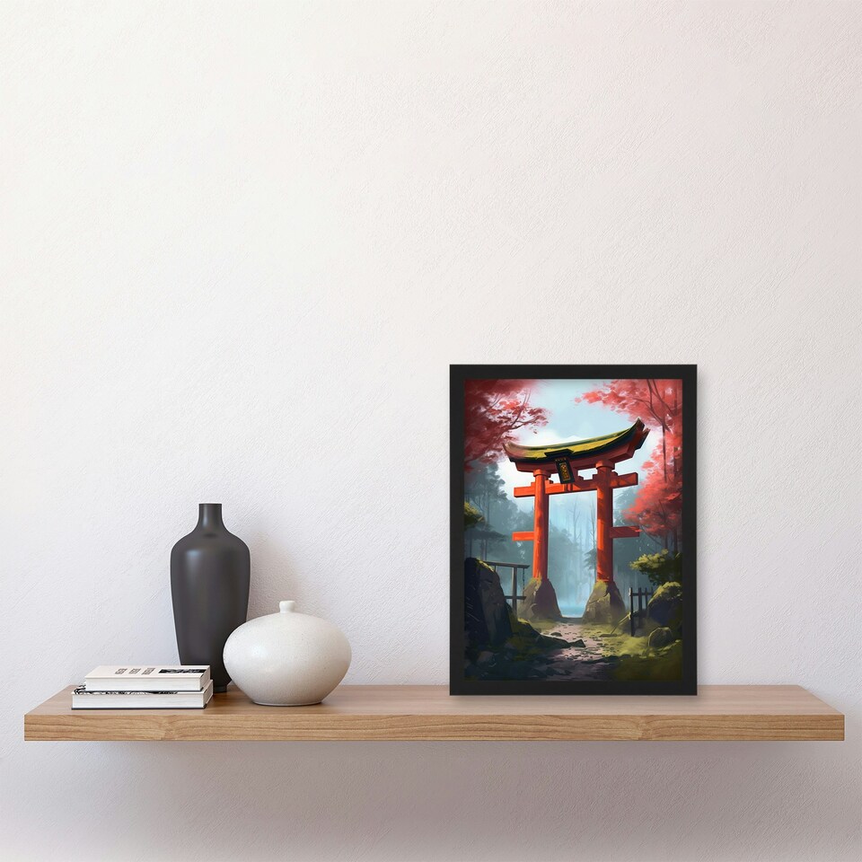 image 1 of Torii Gate Leading Shinto Shrine Forest Red Black Framed Wall Art Print A4