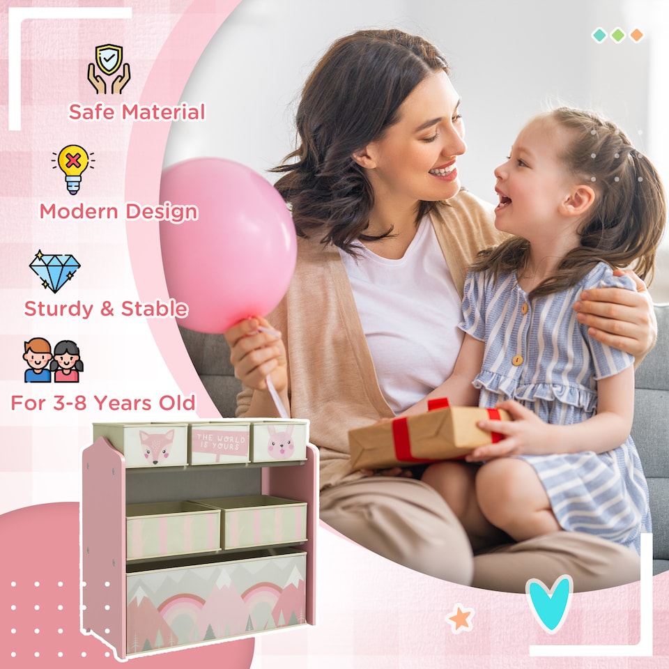 image 1 of ZONEKIZ Kids Storage Unit with 6 Boxes, Childrens Toy Storage Organiser, Pink