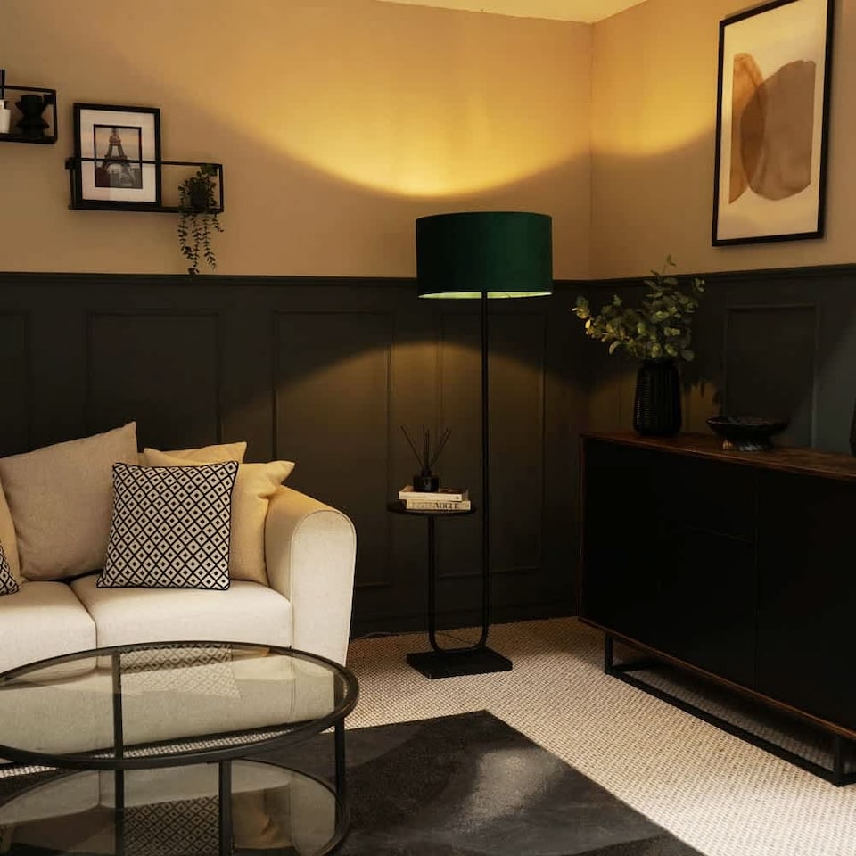 image 1 of ValueLights Tavel Matte Black Floor Lamp Green Shade
