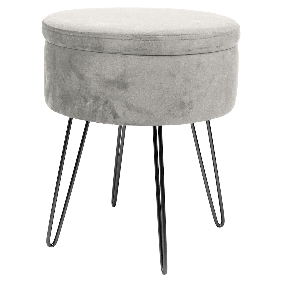 image 1 of Harbour Housewares Velvet Storage Footstool - Round Modern Dressing Table Footstool Vanity Seat Chair - 45 x 36cm - Grey/Black | Grey | Grey/Black | Pack of 1 | 1