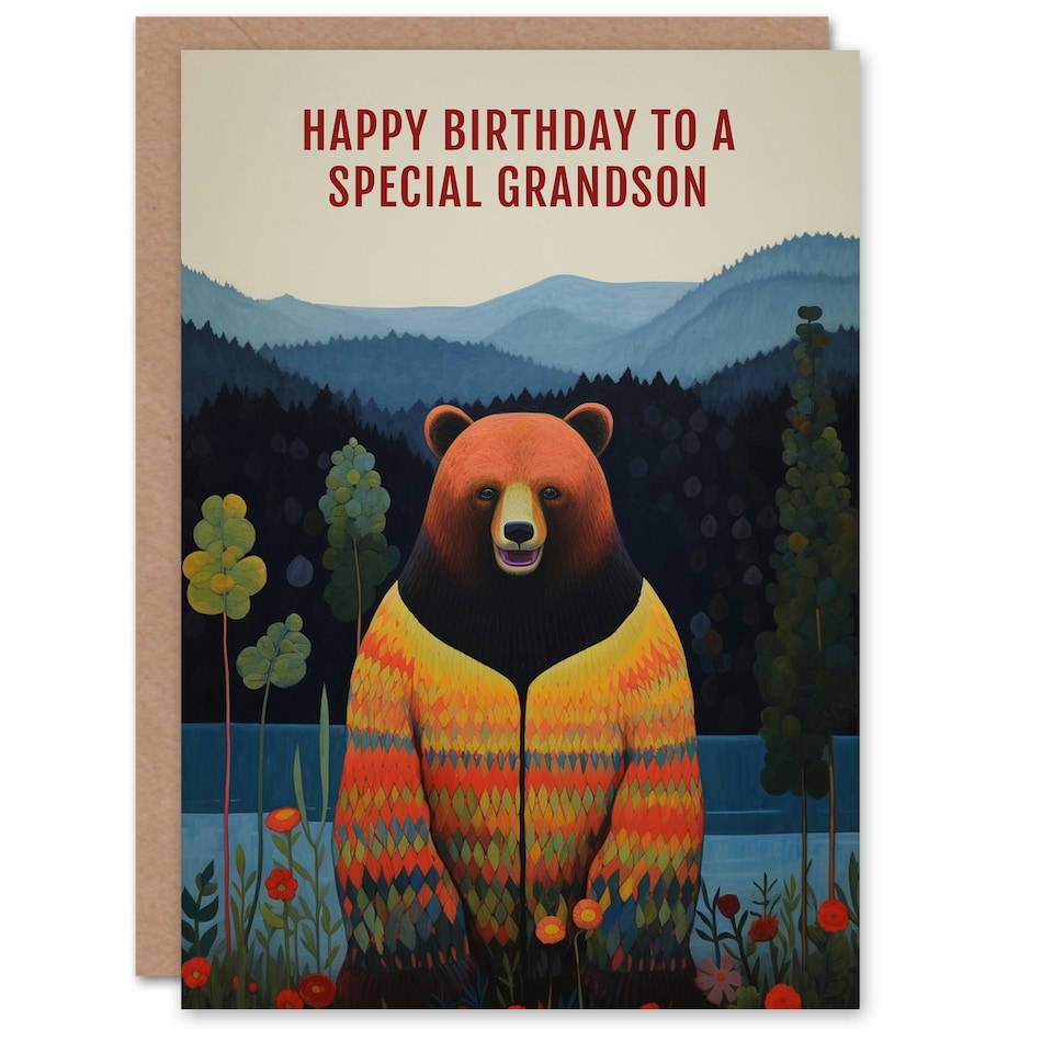 image 1 of Special Hipster Hippie Hippy Cardigan Bear Grandson Birthday Card