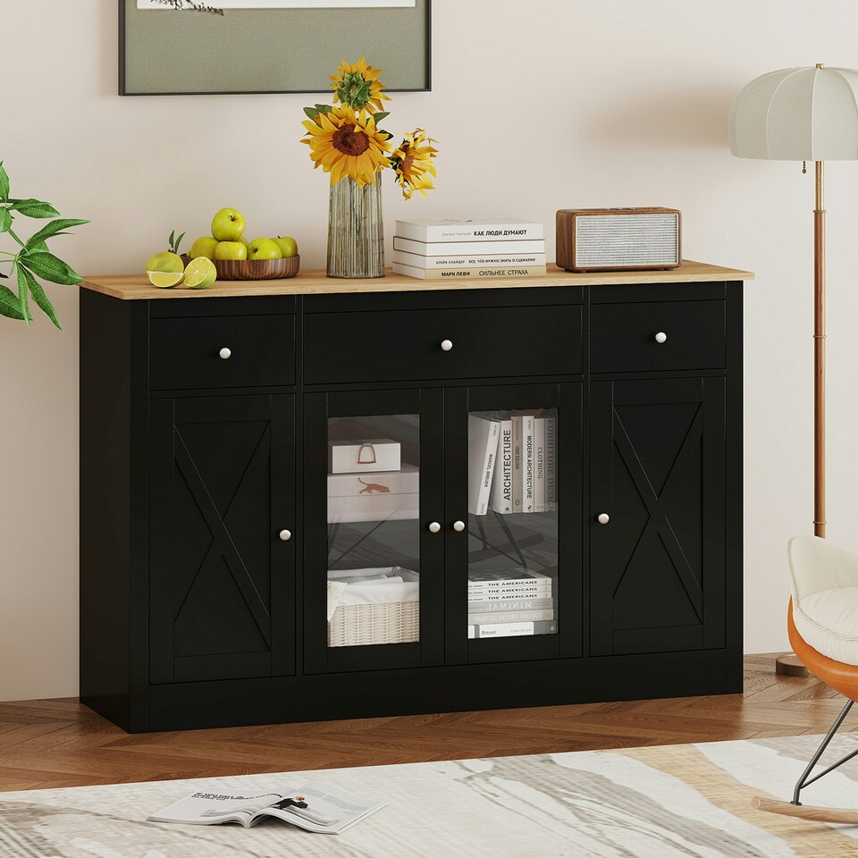 image 1 of COSTWAY Buffet Sideboard Kitchen Storage Cabinet 3 Drawers Black | Black