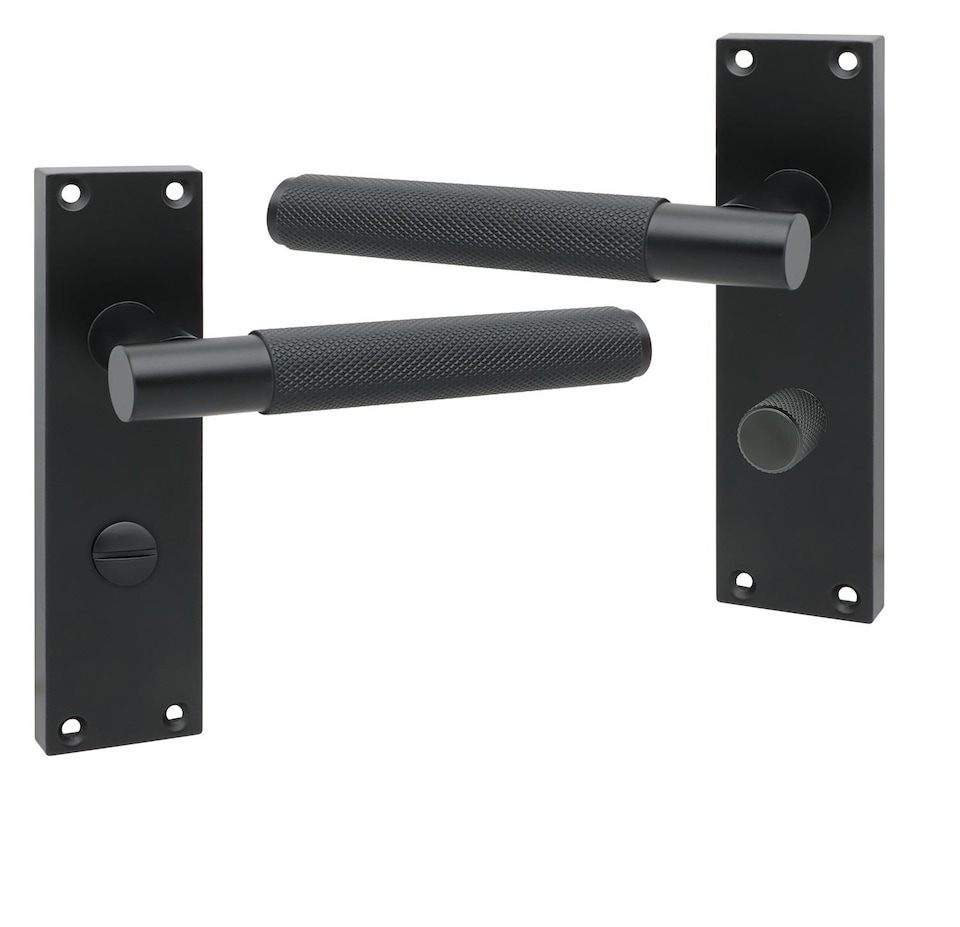 image 1 of Golden Grace Victorian T-Bar Knurled Bathroom Lock Door Handle Set Matt Black Finish with Spindle and Screws - 150mm