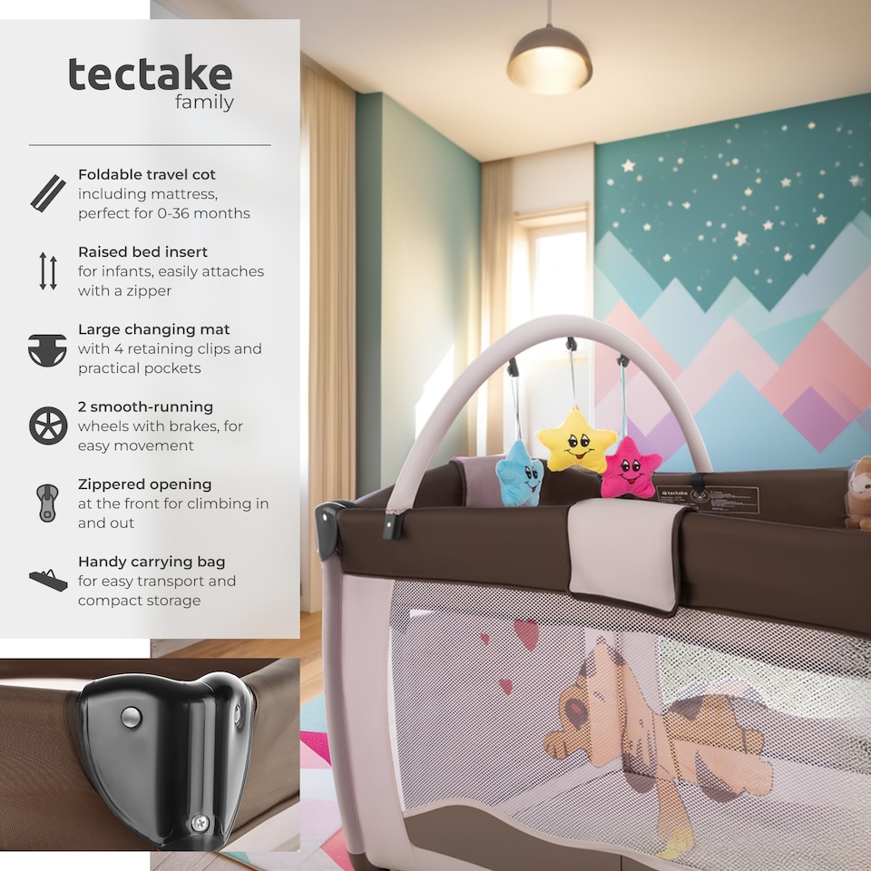 image 1 of Travel Cot Dog - foldable, with changing mat, for children up to 36 months | Cream | brown | 132 x 75 x 104 cm | 1