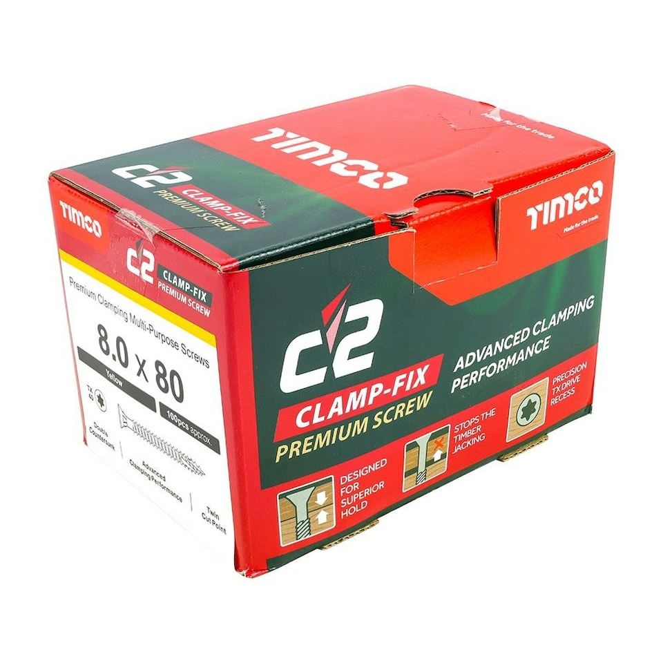 image 1 of Timco - C2 Clamp-Fix Multi-Purpose Premium Screws - TX - Double Countersunk - Yellow (Size 8.0 x 80 - 100 Pieces)