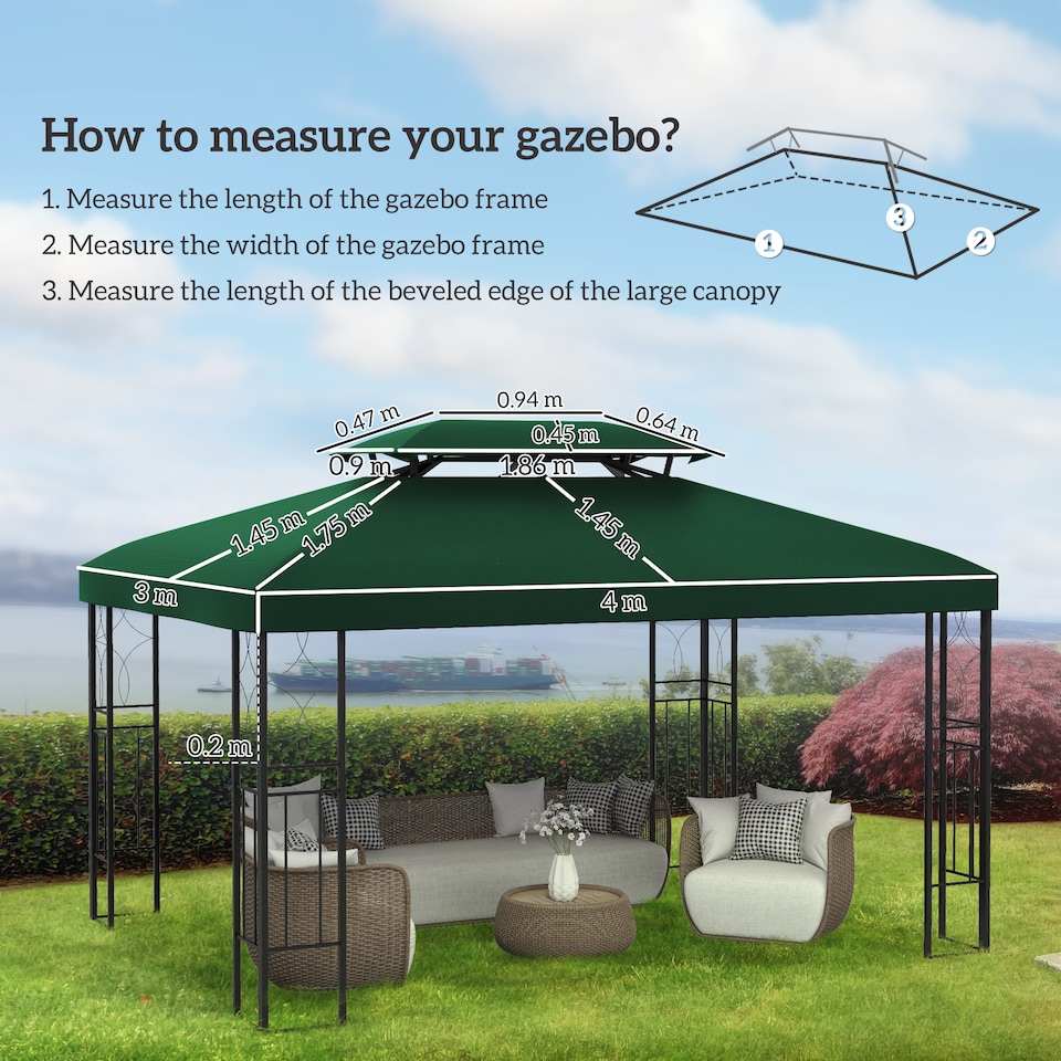 image 1 of Outsunny 3x4m Gazebo Replacement Roof Canopy 2 Tier Top UV Cover Green
