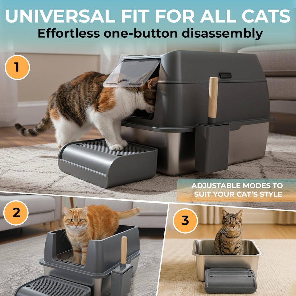 image 1 of IGAD XXL Stainless Steel Cat Litter Box – High Sides, Non-Stick, Easy Clean, Odour Control, Removable Lid & Scoop (Grey Double Entry)
