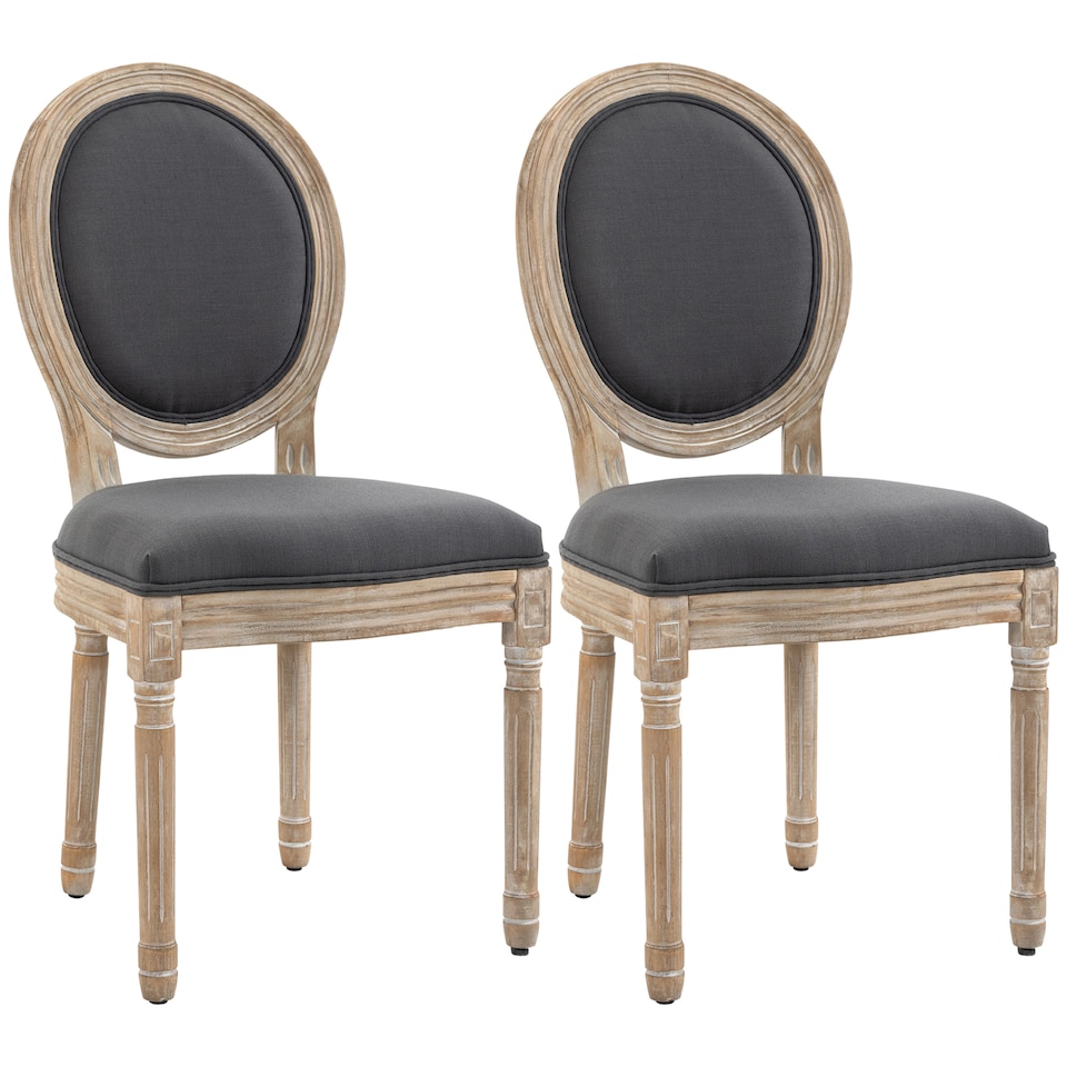 image 1 of HOMCOM Dining Chairs Set of 2, French-Style Kitchen Chairs, Armless Accent Chairs with Linen Fabric Upholstery, Round Backrest and Solid Wooden Frame, Grey