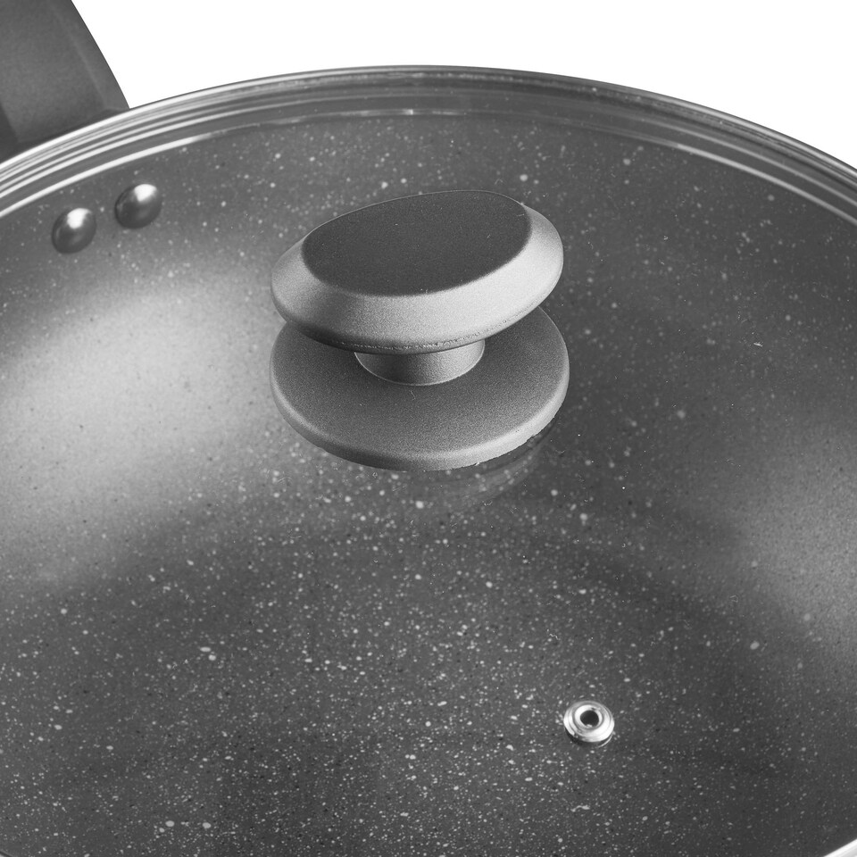 image 1 of VonShef Non-Stick Wok, Aluminium with Marble Finish, Lid & Stay Cool Handle, 28cm