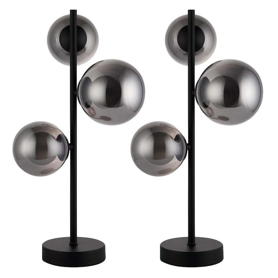 image 1 of Set of 2 Cole - Black with Smoke Glass Globes 3 Light Table Lamps
