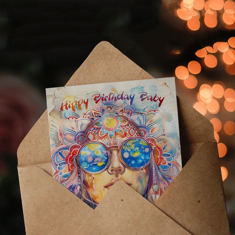 image 1 of Hippy Birthday Hippie Woman Mandala Watercolour Birthday Card