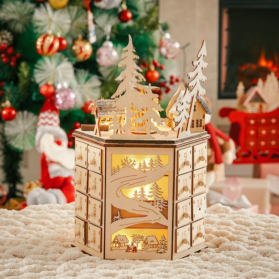 image 1 of Living and Home LED Rotating Countdown Calendar Wooden Music Box for Christmas