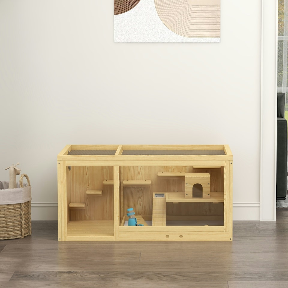 image 1 of PawHut Wooden Hamster Cage with Water Bottle, Platforms, Openable Roof