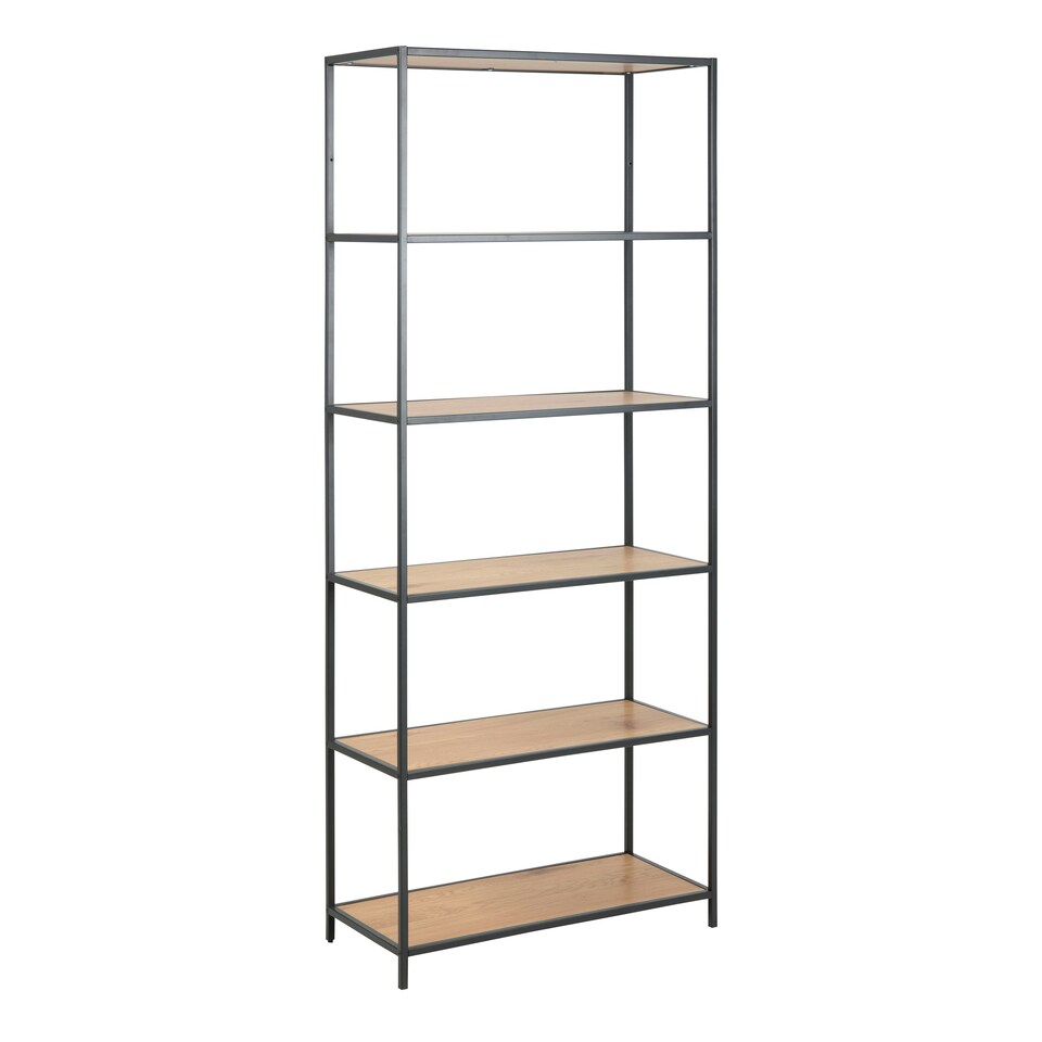 image 1 of Seaford Tall Black Metal Bookcase with 5 Shelves in Oak