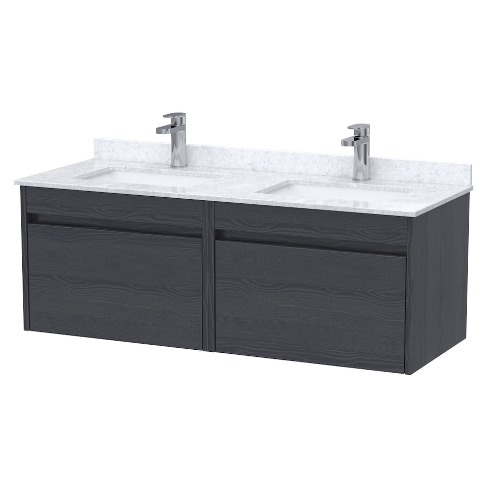 image 1 of Balterley Swainsley Contemporary Wall Hung 2 Drawer Vanity Unit with Marble Top with Basin, 1200mm, Graphite Grey Woodgrain