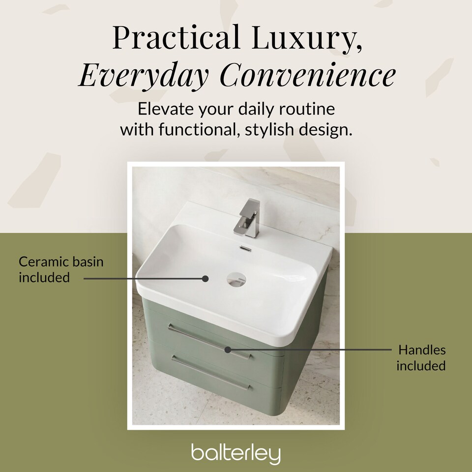 image 1 of Balterley Wall Hung 2 Drawer Vanity Unit with Thin Edge Ceramic Basin | Green | Fern Green | 562 x 607 x 460mm