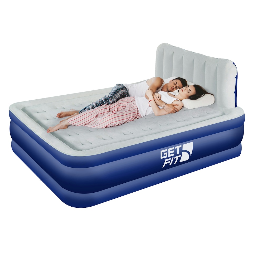 image 1 of Get Fit Air Bed With Built In Electric Pump - King Airbed Blow Up Bed With Headboard, 2 Free Inflatable Pillows - Elevated Inflatable Air Mattress - Navy/White