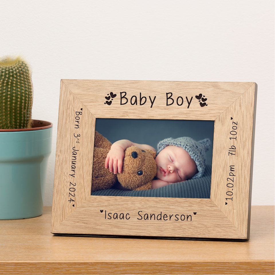 image 1 of Personalised New Baby Boy Wood Picture Frame 6 x 4 New Baby Gift