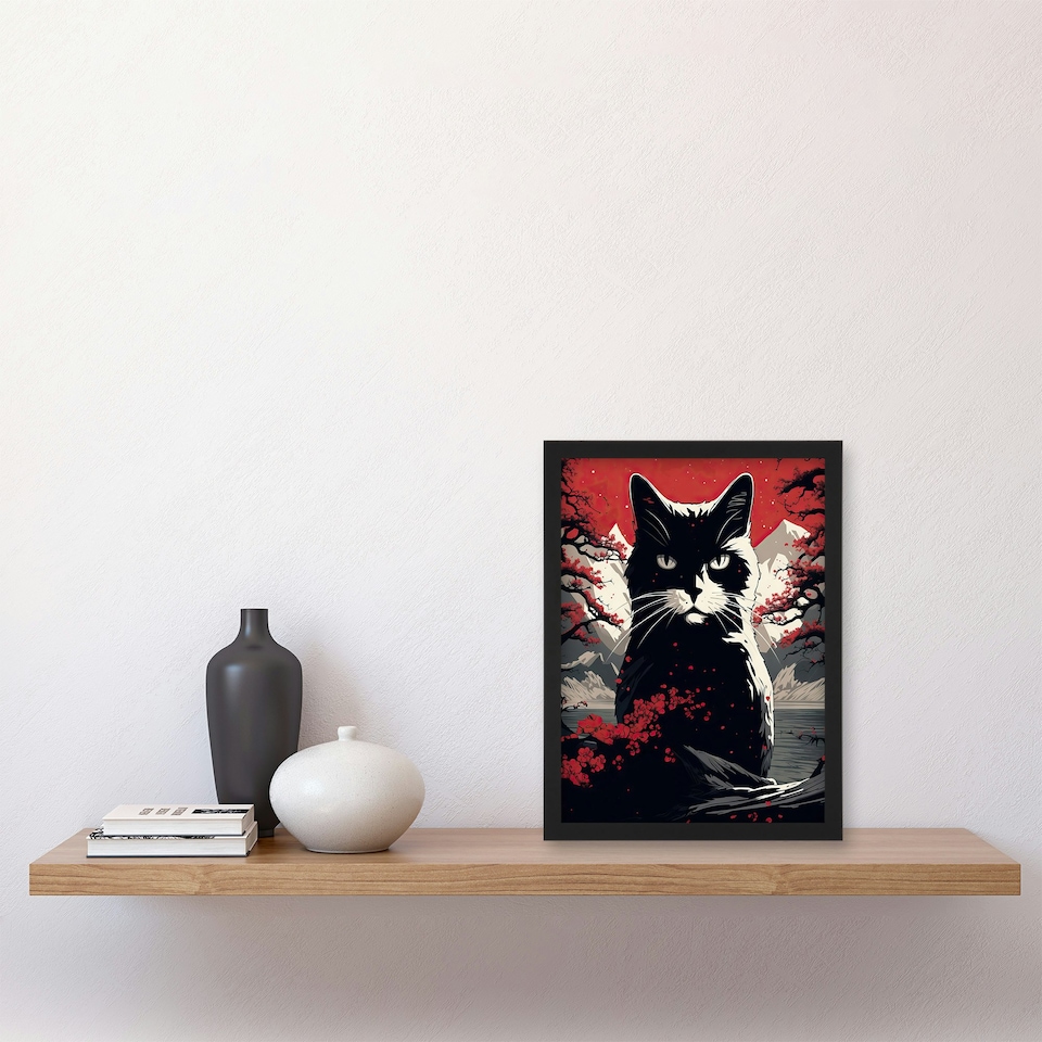 image 1 of Ukiyo Japanese Cat Red on White Japan Home Decor Black Framed Wall Art Print A4