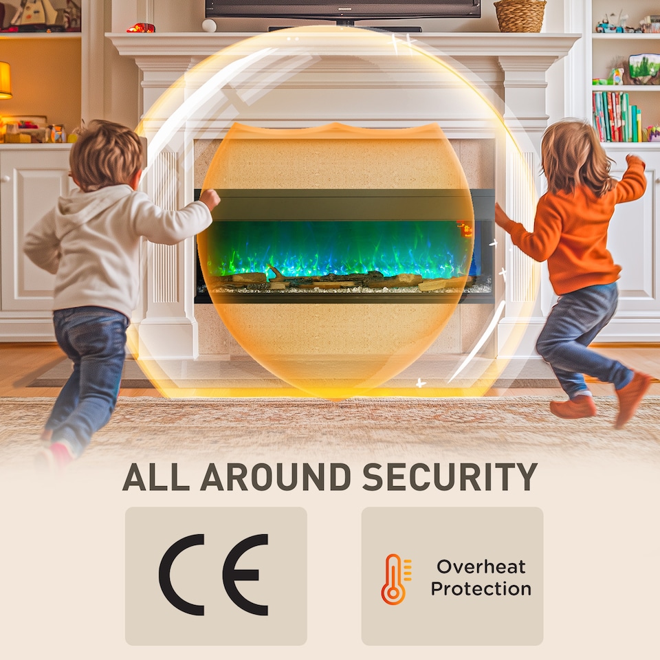 image 1 of HOMCOM 50127cm 3-Sided Electric Fireplace Wall Mounted, Recessed, Insert, Freestanding, Glass Electric Fire with 7 Adjustable LED Flame Effect, Log, Crystal, Remote Control, 1800W, Black