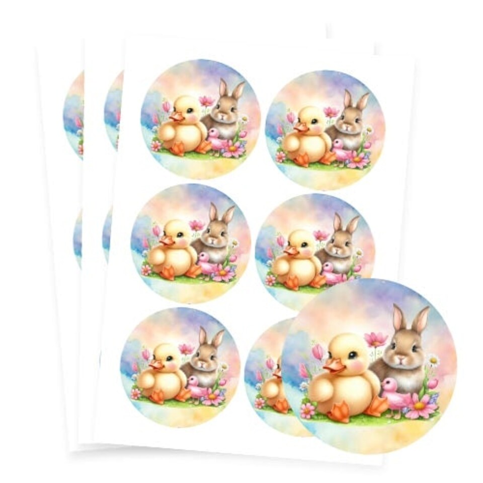 image 1 of Easter Bunny and Chick Round Stickers 88mm - Sheet of 6