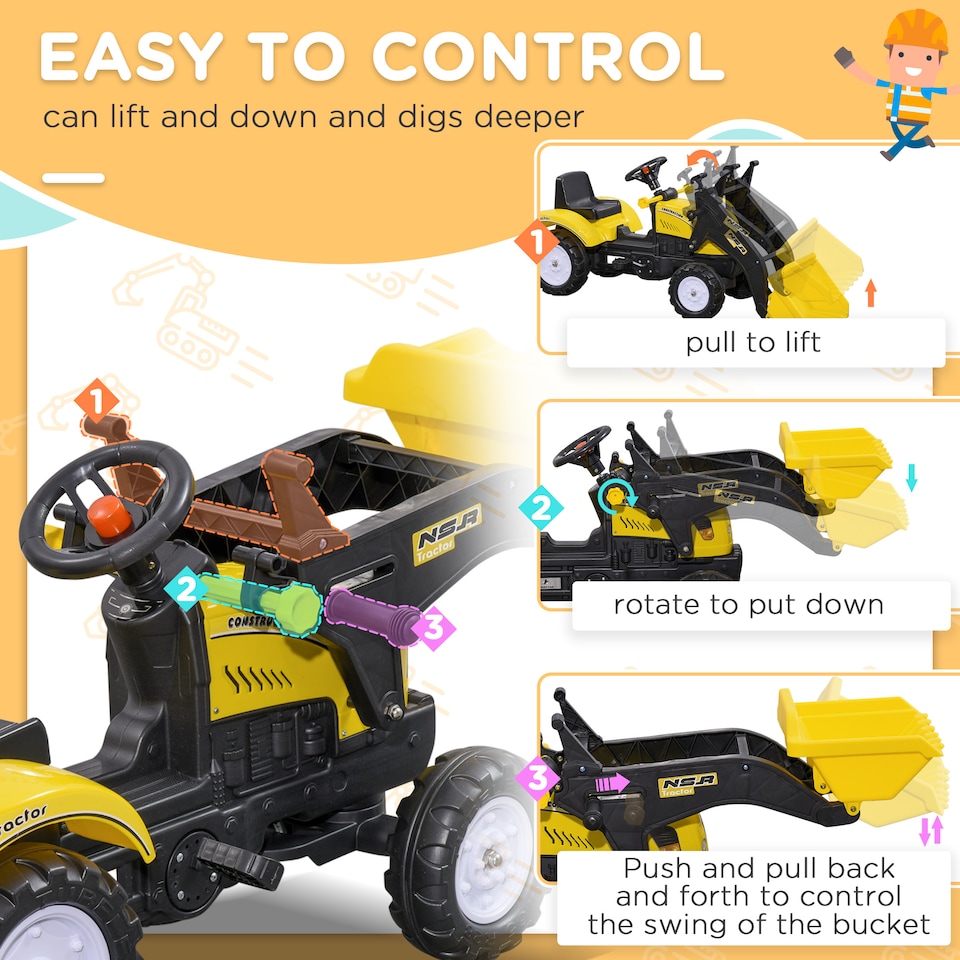 image 1 of HOMCOM Pedal Go Kart Ride On Excavator W/ Front Loader Digger, Four Wheels Child