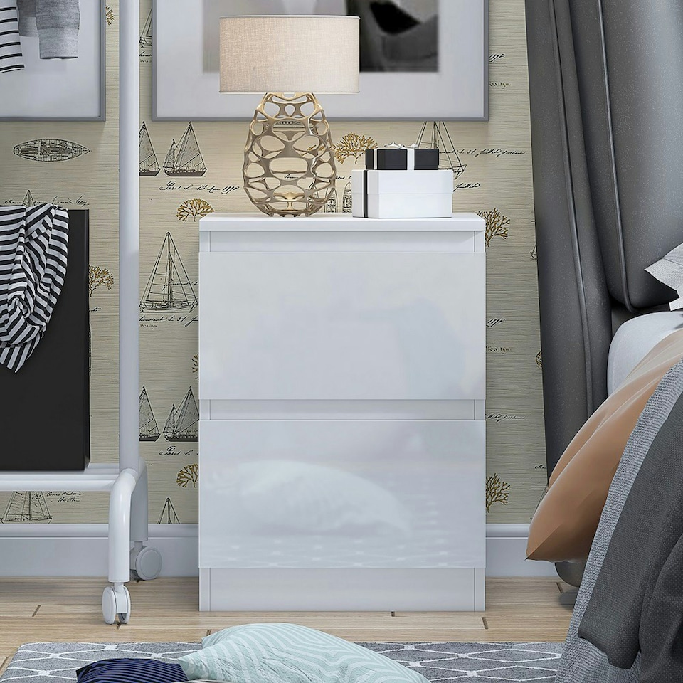 image 1 of FWStyle Carlton 2 Drawer Bedside Nightstand - White Gloss Front