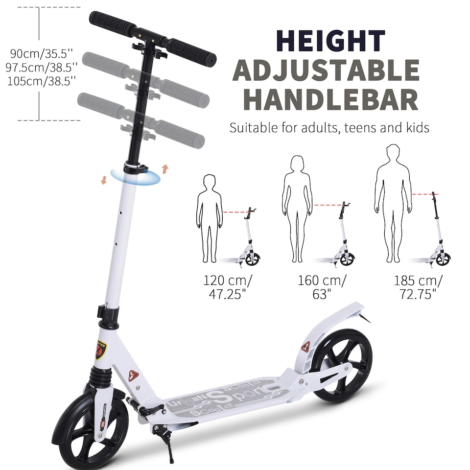 image 1 of HOMCOM Folding Kick Scooter with Big Wheels for 14+ Teens Adult, White