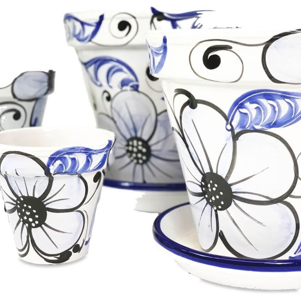 image 1 of Verano Spanish Ceramics Set of 3 Plant Pots & Drainage Plates - 16-29cm Blue Flower