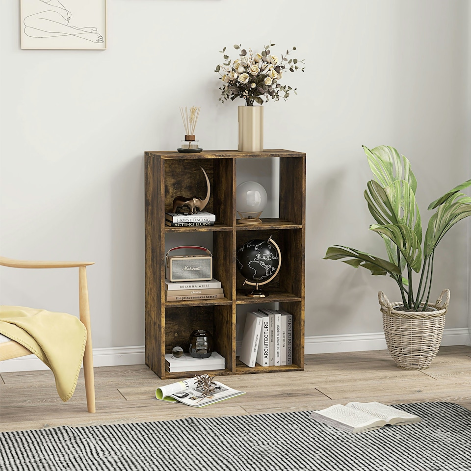 image 1 of HOMCOM 6-Cube Bookshelf, Display Shelving Unit for Home Office, Rustic Brown
