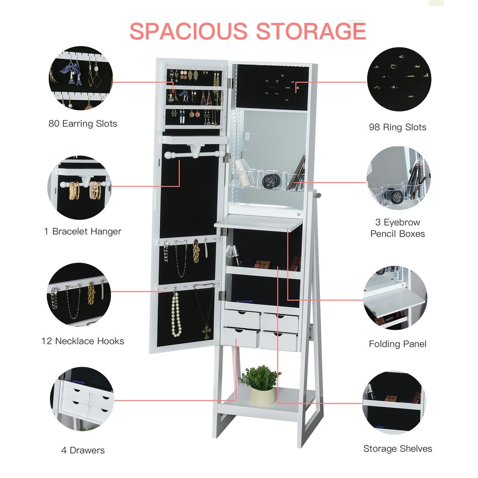 image 1 of HOMCOM Freestanding Jewellery Storage Armoire w/ 2 Mirrors Drawers Hooks Lights