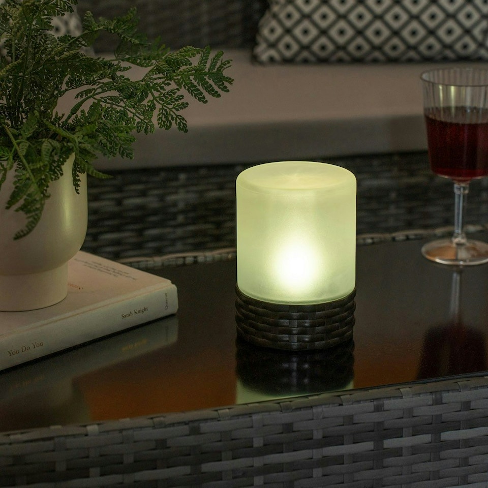 image 1 of ValueLights Solar Powered Outdoor Garden Rattan Table Lamp with Frosted Glass Shade