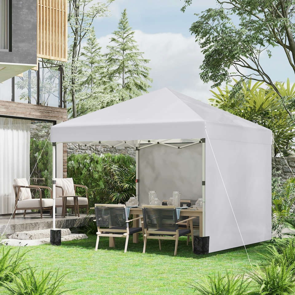 image 1 of Outsunny 3x3 (M) Pop Up Gazebo Party Tent w/ 2 Sidewalls, Weight Bags, White