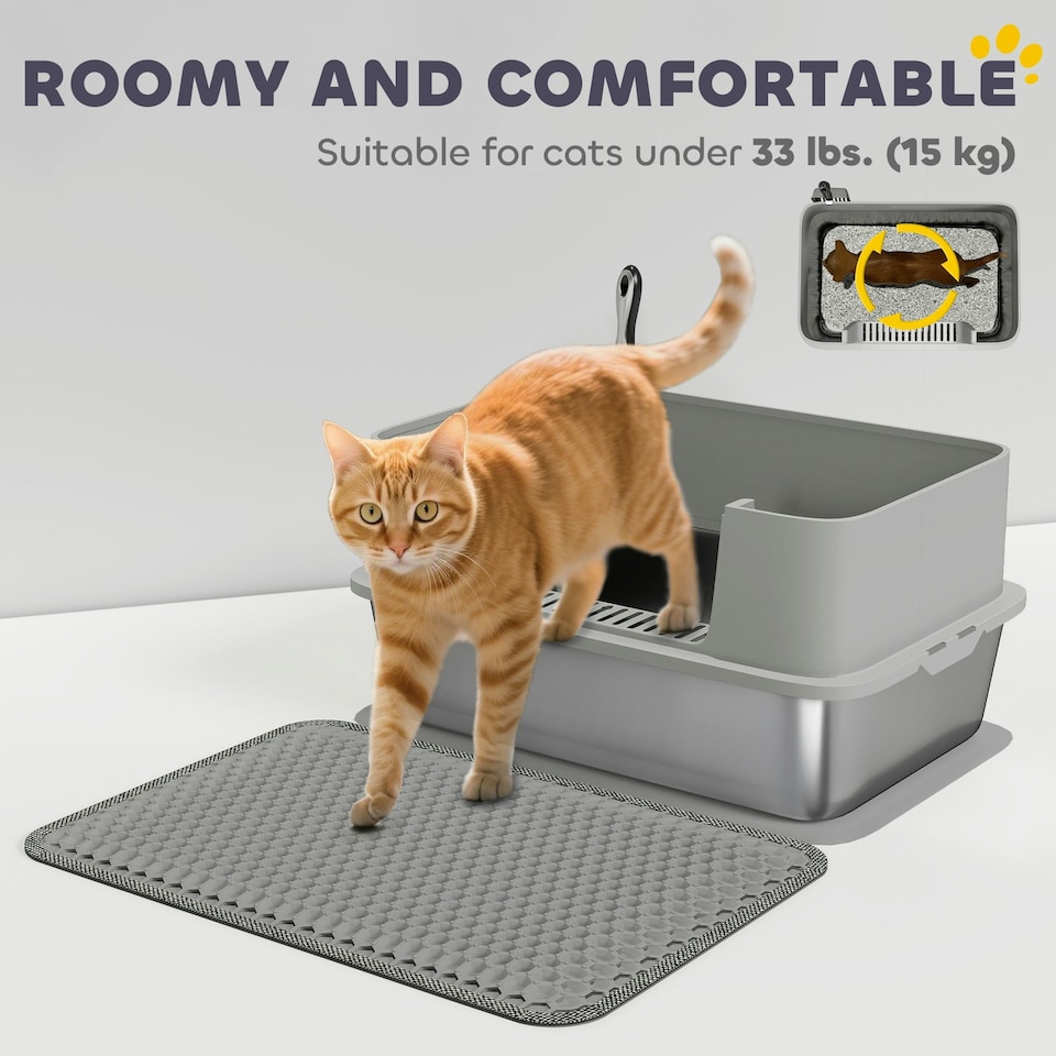 image 1 of PawHut Stainless Steel Litter Box with Scoop, High Sided Cat Litter Tray Grey | One Size
