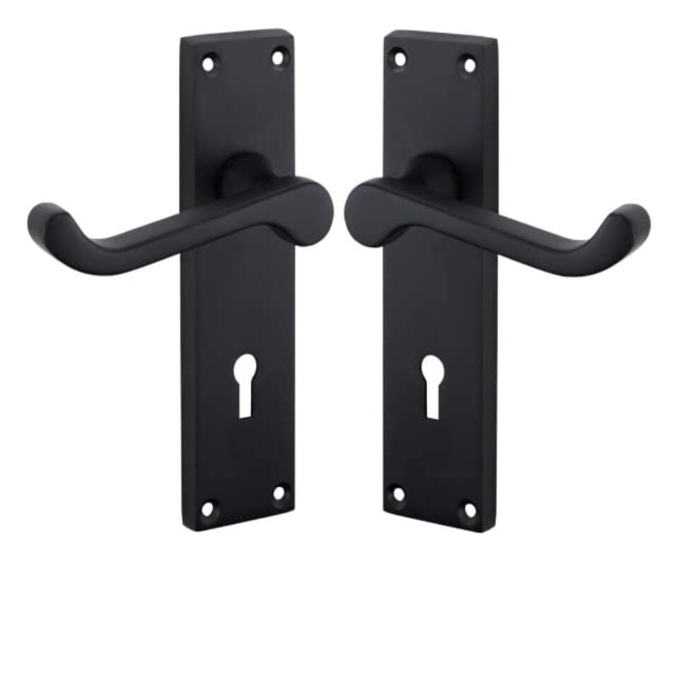 image 1 of Golden Grace Victorian Scroll Lever Lock Door Handles in Matt Black Finish with Black 3 Lever Lock & Keys - 150mm x 40mm Black