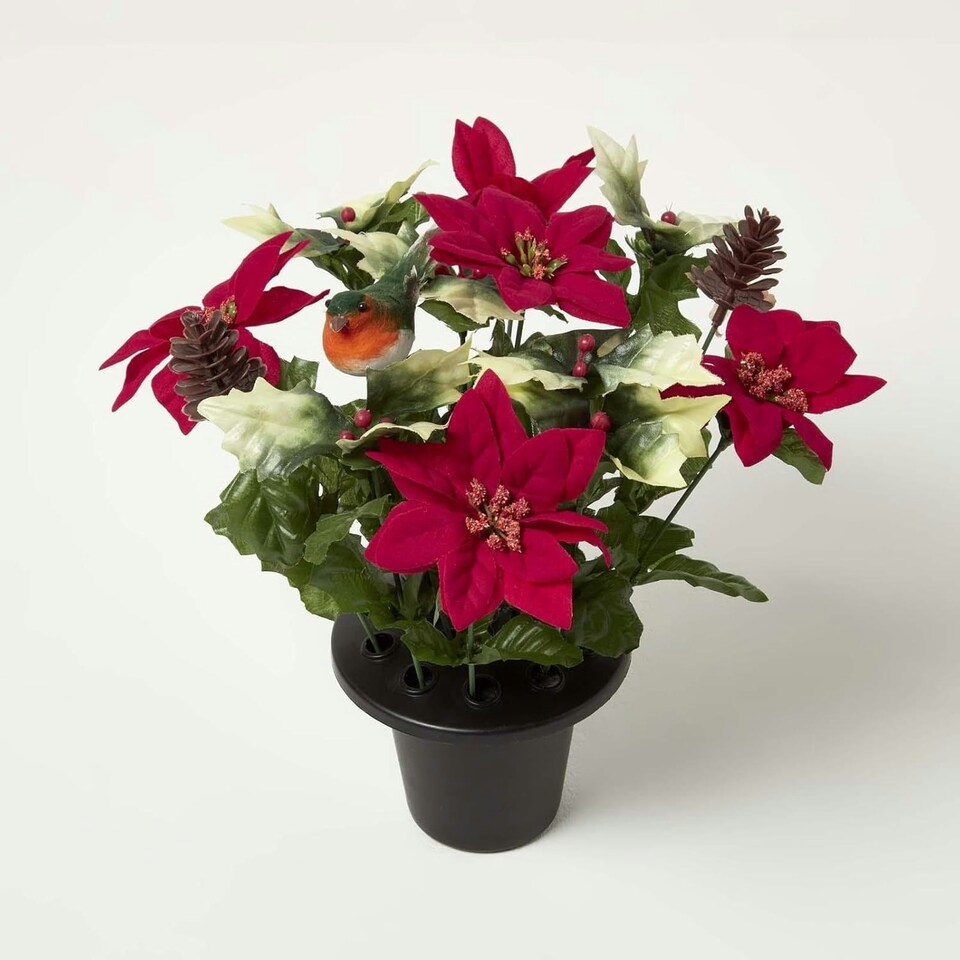 image 1 of Homescapes Artificial Poinsettia, Holly and Robin Grave Vase