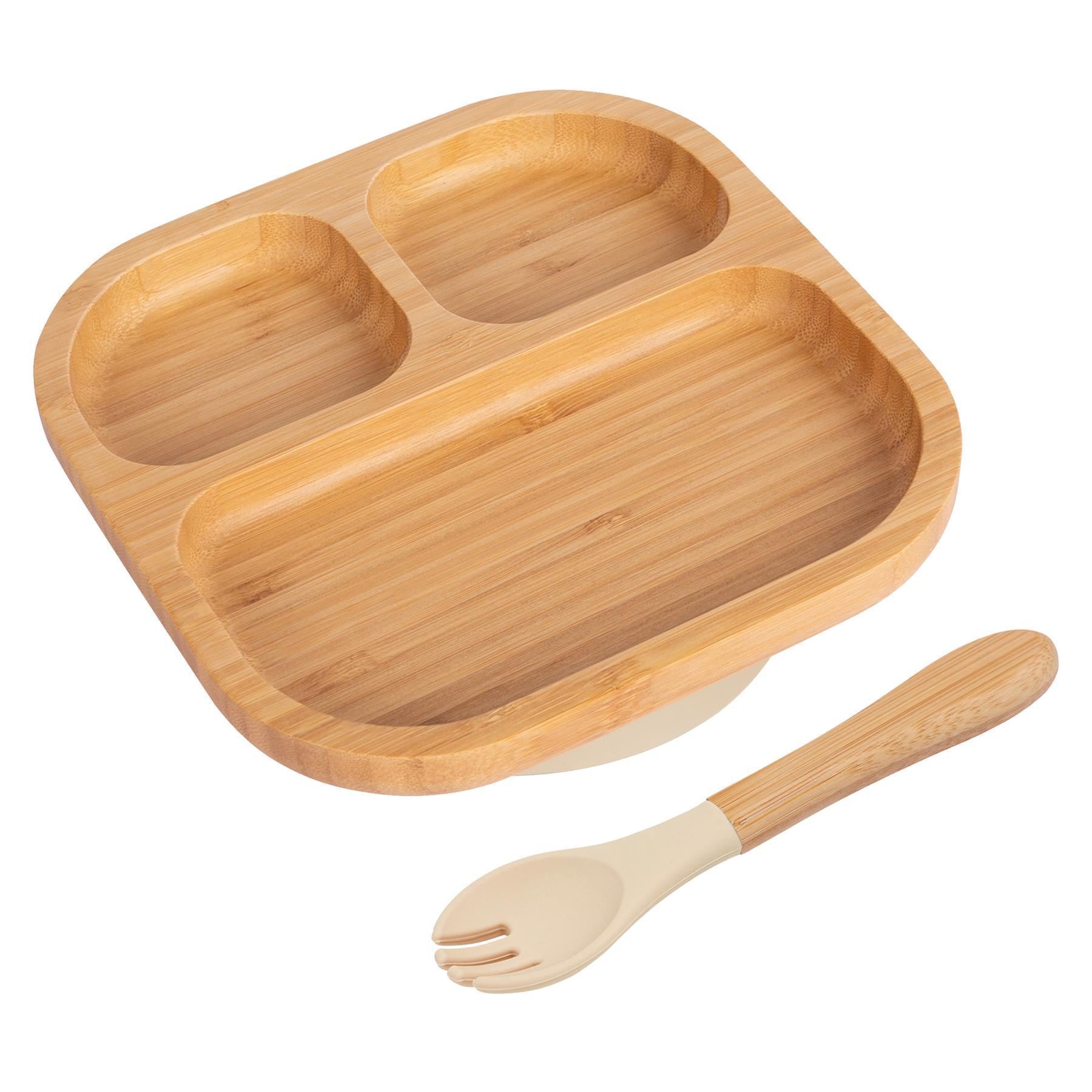 Tiny Dining Bamboo Segmented Baby Weaning Plate & Fork Set in Beige