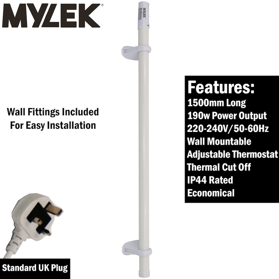 image 1 of Mylek Tubular Heater 180W - 1500mm - Low Energy Tube - Built in Thermostat And Mounting Brackets Greenhouse, Garage, Caravan