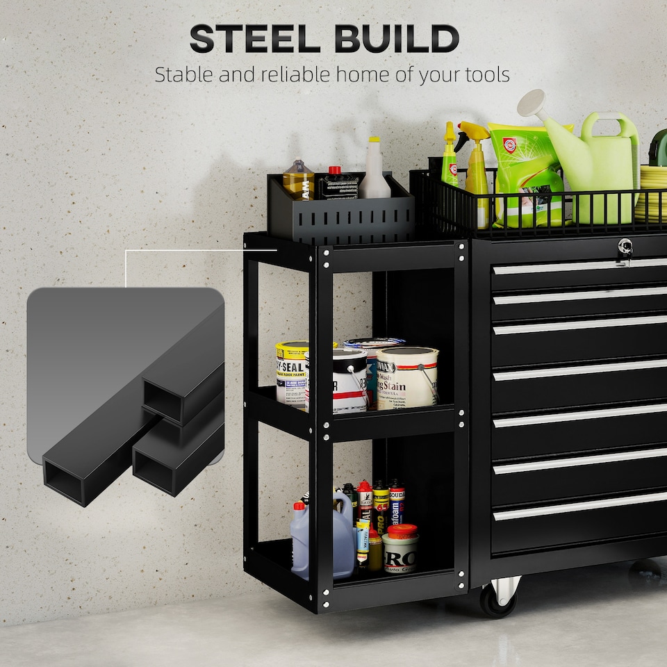 image 1 of HOMCOM 7 Drawer Lockable Steel Tool Chest on Wheels for Workshop, Black