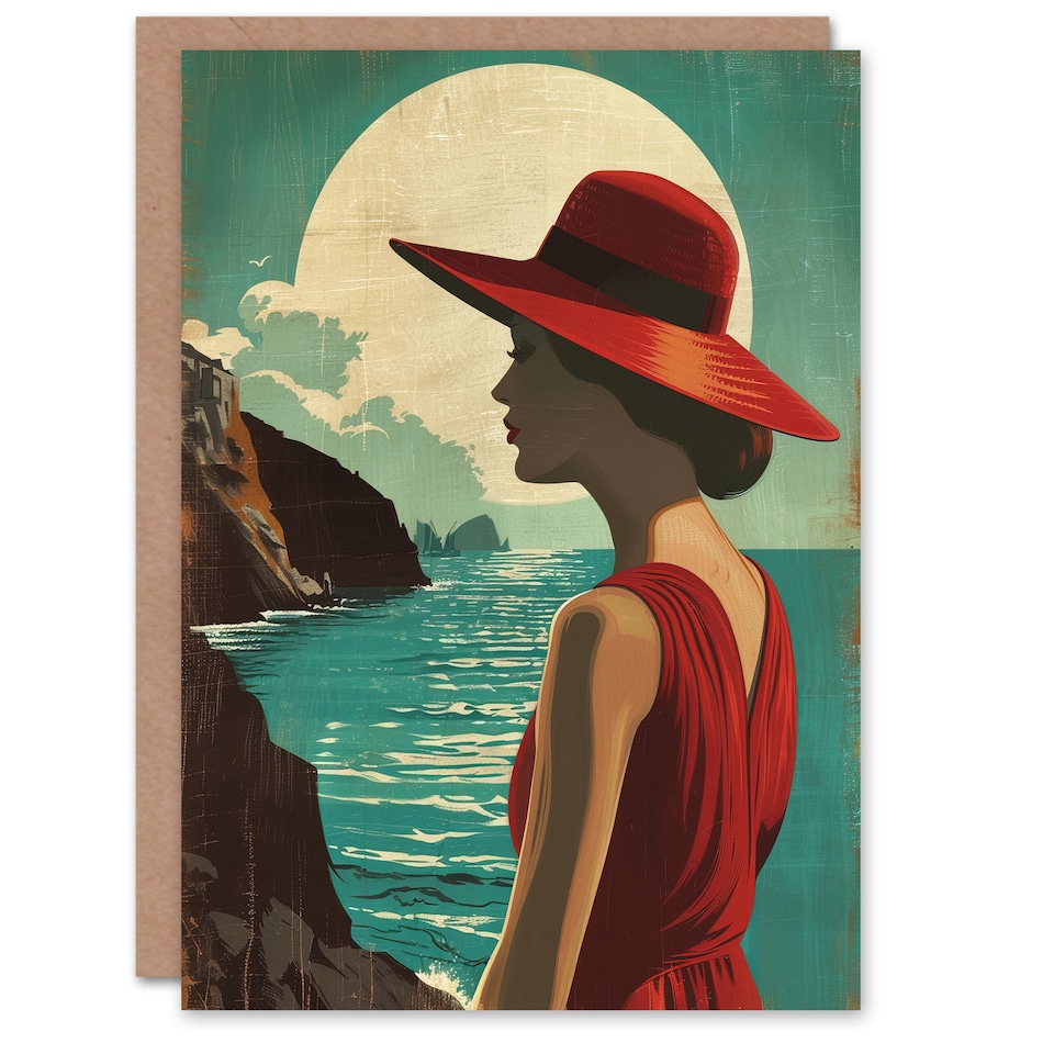 image 1 of Greeting Card Elegant Woman Italian Coast Travel Vintage Style Holiday