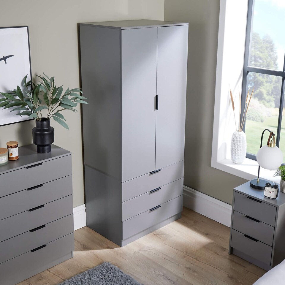 image 1 of Phoenix Wardrobe 2 Door 3 Drawers Bedroom Home Furniture Clothing Storage Shelf | Grey