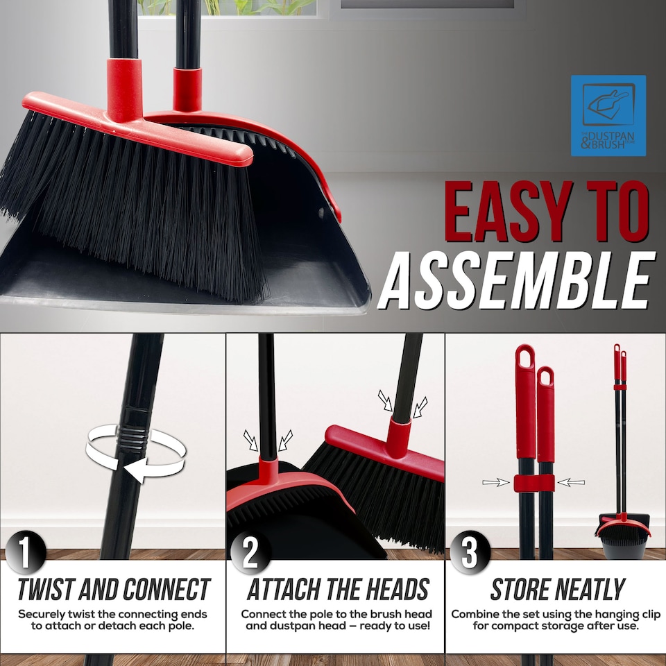 image 1 of Long Handled Dustpan and Brush Set Upright Sweeping Broom with Built-In Bristle Cleaner